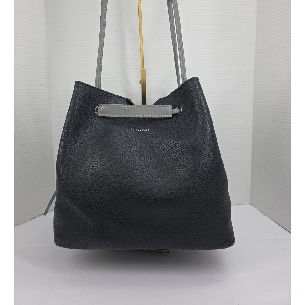 Pixie Mood Black Grey Pebbled Vegan Leather Bucket Bag Tote with Pouch Tassel
